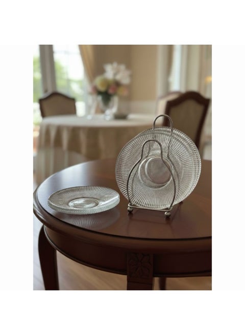 Embossed Clear Glass Dessert Serving Plate 6 Pcs Set with an Elegant Stand for Hospitality 15 cm with Metal holder